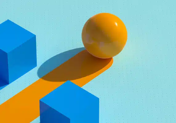 Teamwork and action concept, the yellow sphere moves ahead of the blue squares